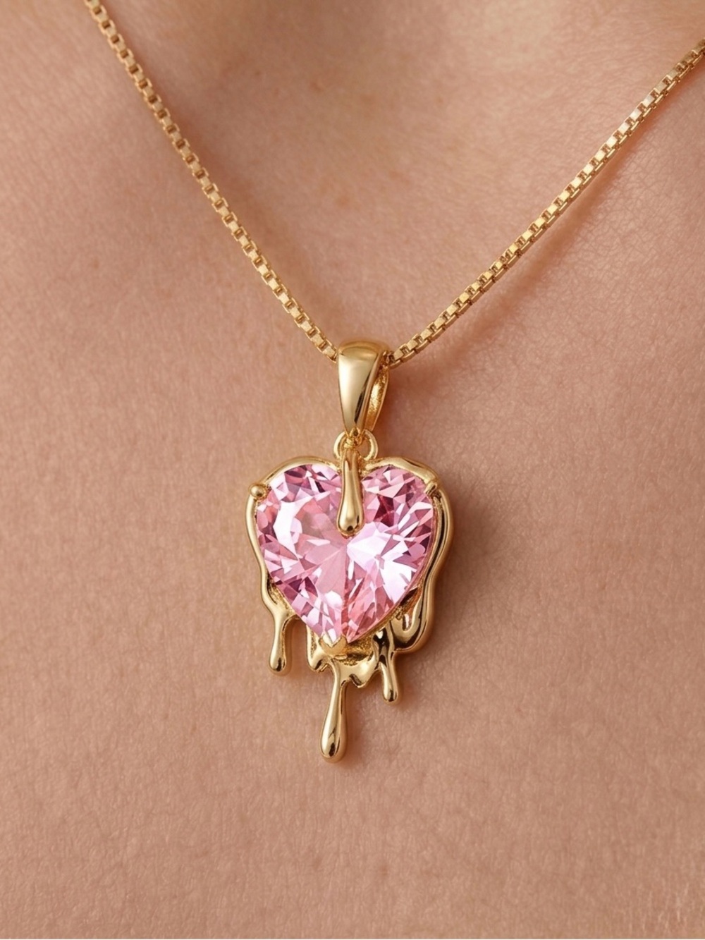 14K Gold Plated Pink Crystal Dripping Heart Necklace | Water Resistant | 17.5"
